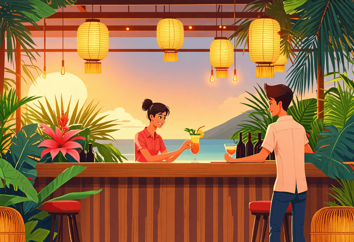 AI generated image of a woman and man at a tropical bar